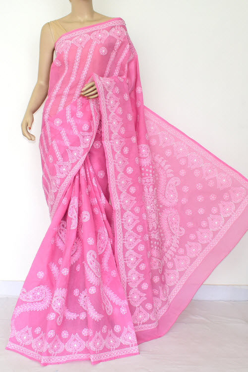 Pink Hand Embroidered Lucknowi Chikankari Saree (Cotton-With Blouse) 14784