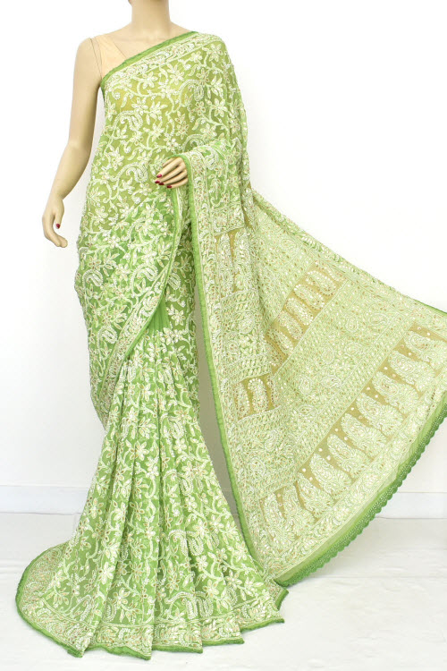 Green Allover Hand Embroidered Full Jaal, Allover Embellished with Gota-Patti work Lucknowi Chikankari Saree (With Blouse - Georgette) 16523