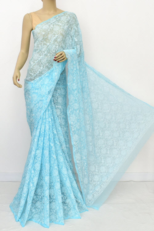 Blue Hand Embroidered Tepchi Work Lucknowi Chikankari Saree With Blouse (Faux Georgette) 16513