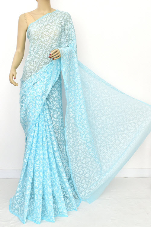 Blue Hand Embroidered Tepchi Work Lucknowi Chikankari Saree With Blouse (Faux Georgette) 16517