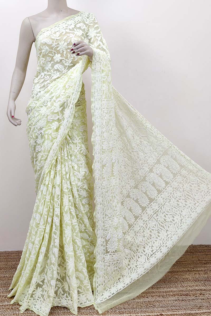 Lemon Color Allover Hand Embroidered Lucknowi Chikankari Saree (With Blouse - Georgette) MC252498