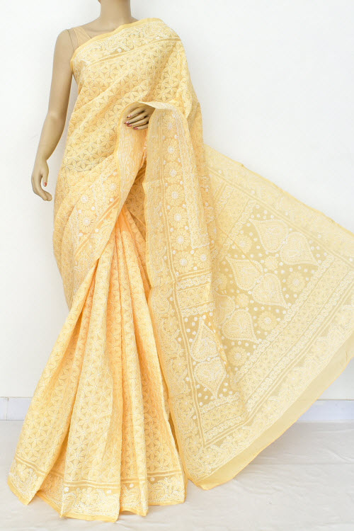 Fawn Color Hand Embroidered Lucknowi Chikankari Saree (With Blouse - Cotton) 14860
