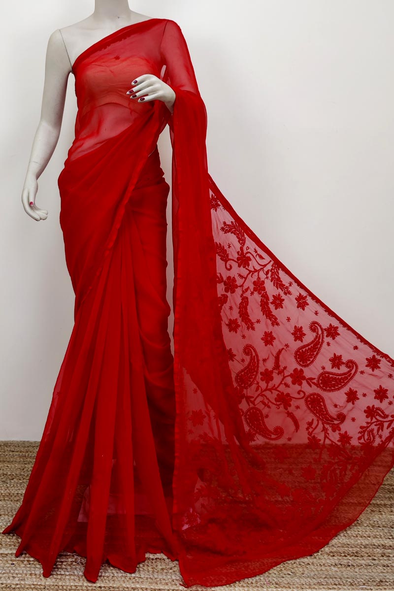 Red Color Hand Embroidered Lucknowi Chikankari Saree (With Blouse - Georgette) MC252555