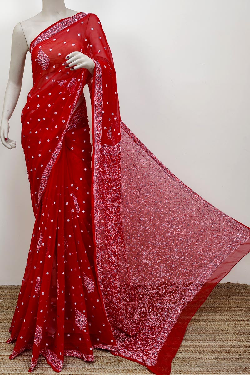 Red Color Hand Embroidered Lucknowi Chikankari Saree (With Blouse - Georgette) MC252557