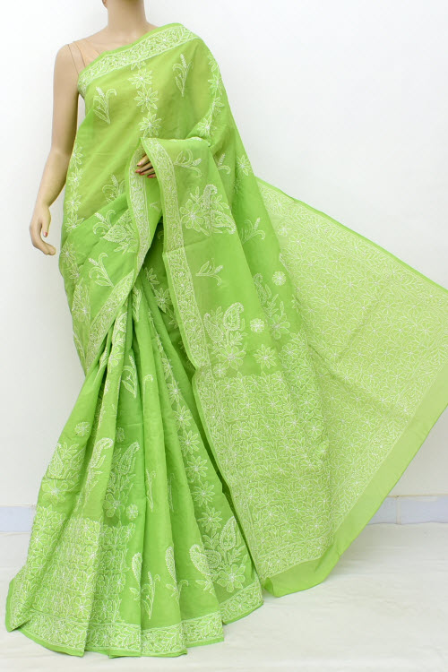 Green Colour Cotton Hand Embroidered Lucknowi Chikankari Saree (Cotton-With Blouse) 14797
