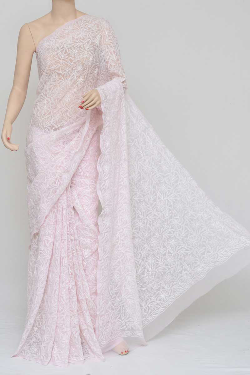 Babypink Color Tepchi Work Hand Embroidered Lucknowi Chikankari Saree (With Blouse) PU250781