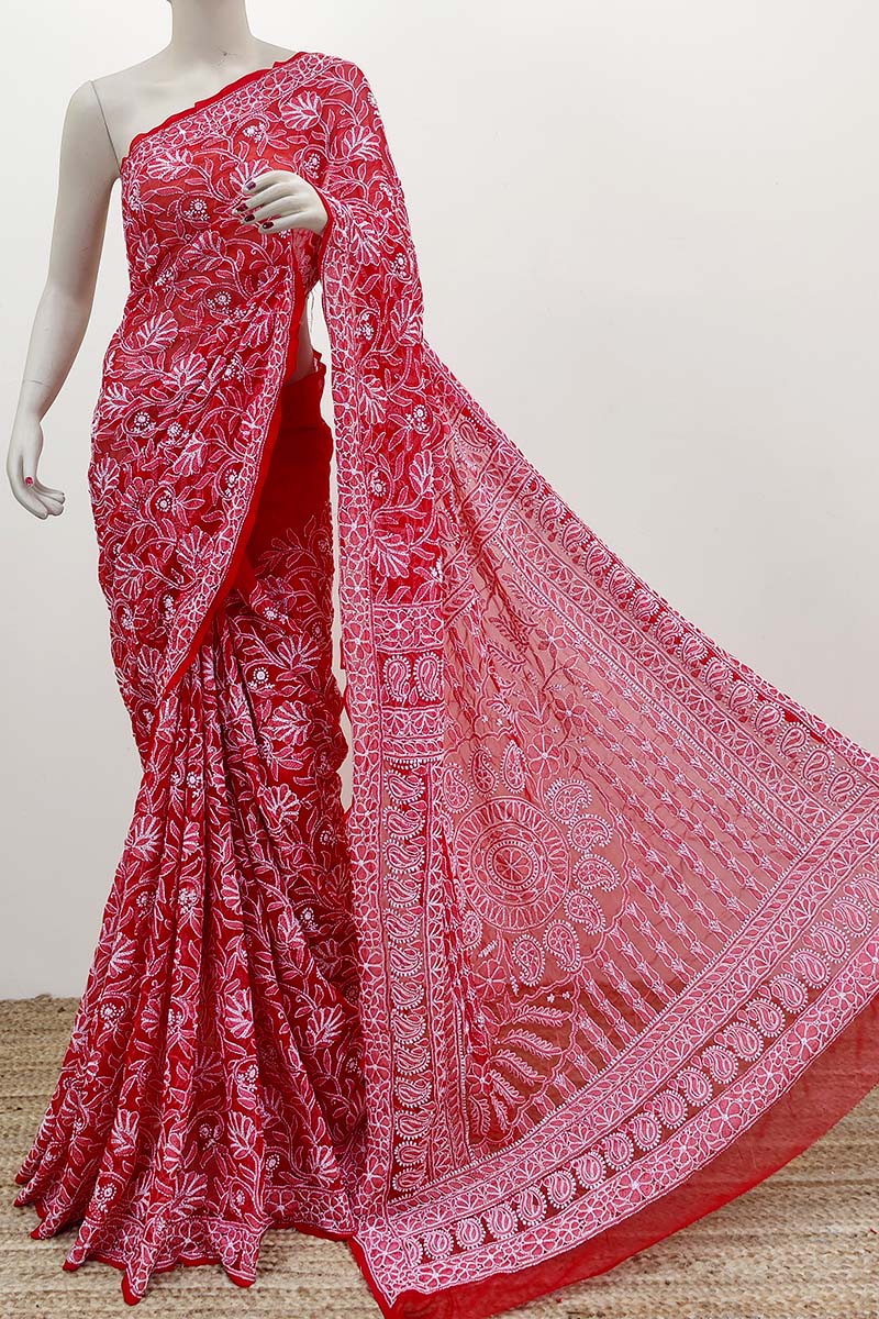 Red Color Allover Hand Embroidered Lucknowi Chikankari Saree (With Blouse - Georgette) MC252481