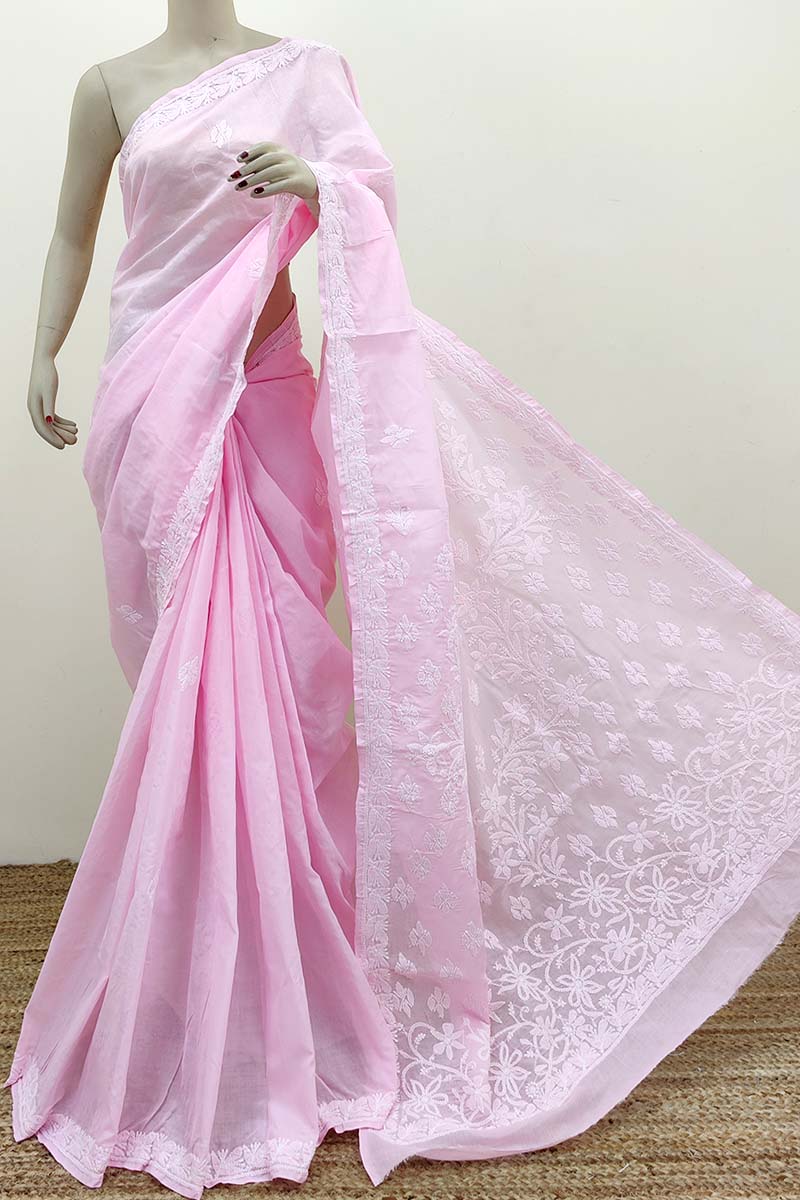 Pink Color Hand Embroidered Lucknowi Chikankari Saree (With Blouse - Cotton) MC252487