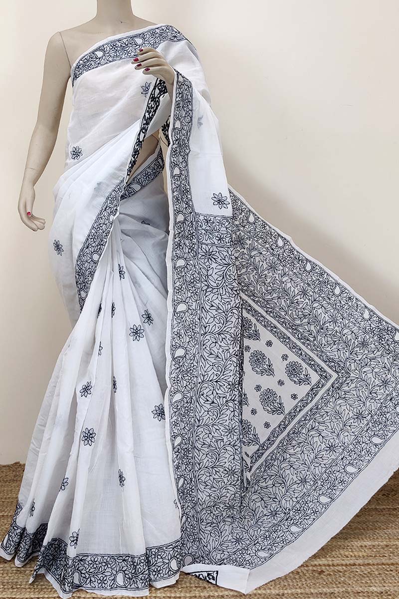 White Color Hand Embroidered Lucknowi Chikankari Saree (With Blouse - Cotton) MC252420