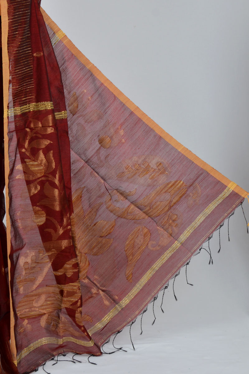 Buy Wine Color Handwoven Bengal Handloom Silk Ghicha Designed Pallu