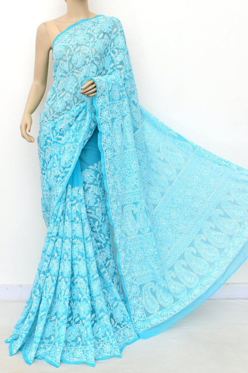 Pherozi Blue Allover Hand Embroidered Lucknowi Chikankari Saree (With Blouse - Georgette) 15047