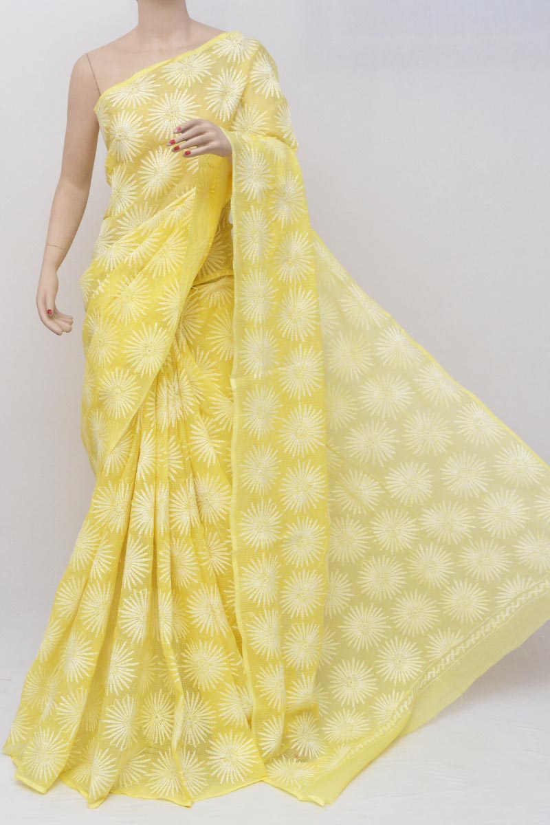  Lemon Yellow Color Kota Cotton Tepchi Work Hand Embroidered Lucknowi Chikankari Saree (Without Blouse) MC251207