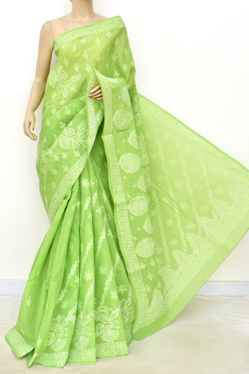 Green Hand Embroidered Lucknowi Chikankari Saree (With Blouse - Cotton) 14777