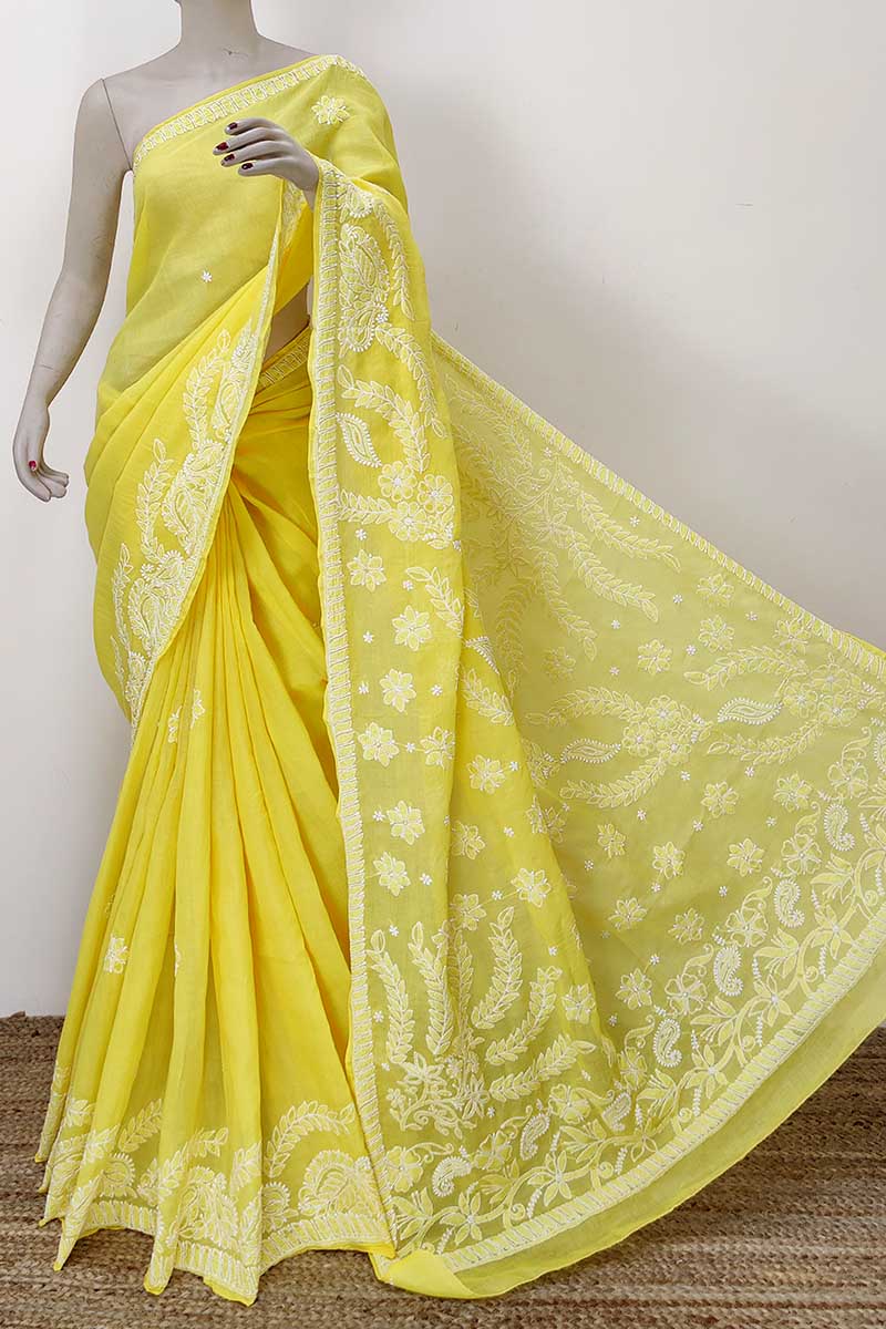 Yellow Color Designer Hand Embroidered Lucknowi Chikankari Saree (With Blouse - Cotton) MC252345