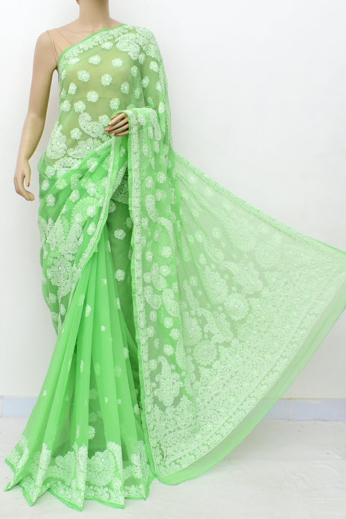Green Hand Embroidered Lucknowi Chikankari Saree (Georgette-With Blouse) 14979