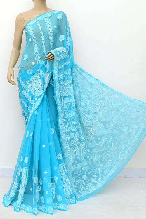 Blue Hand Embroidered Lucknowi Chikankari Saree (Georgette-With Blouse) 14981