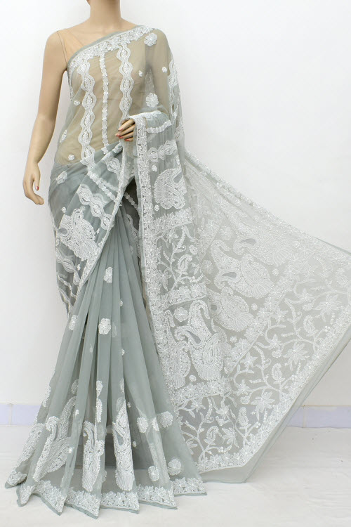 Grey Hand Embroidered Lucknowi Chikankari Saree (Georgette-With Blouse) 14983