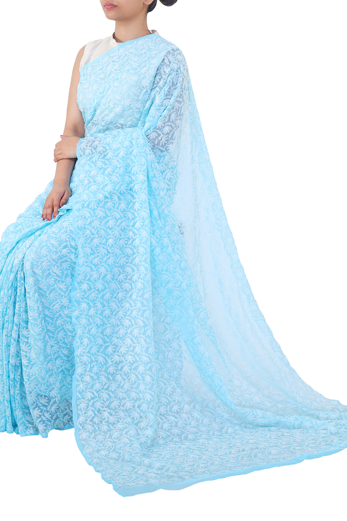 Sky Blue colour Hand Embroidered Tepchi Work Lucknowi Chikankari Saree With Blouse (Faux Georgette) MC251955