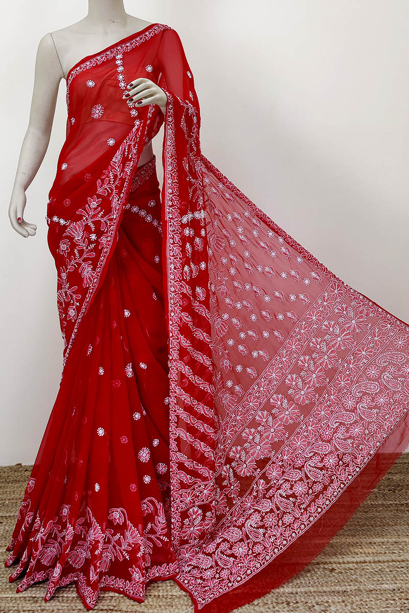 Red Color Designer Hand Embroidered Lucknowi Chikankari Saree (With Blouse - Georgette) MC252298