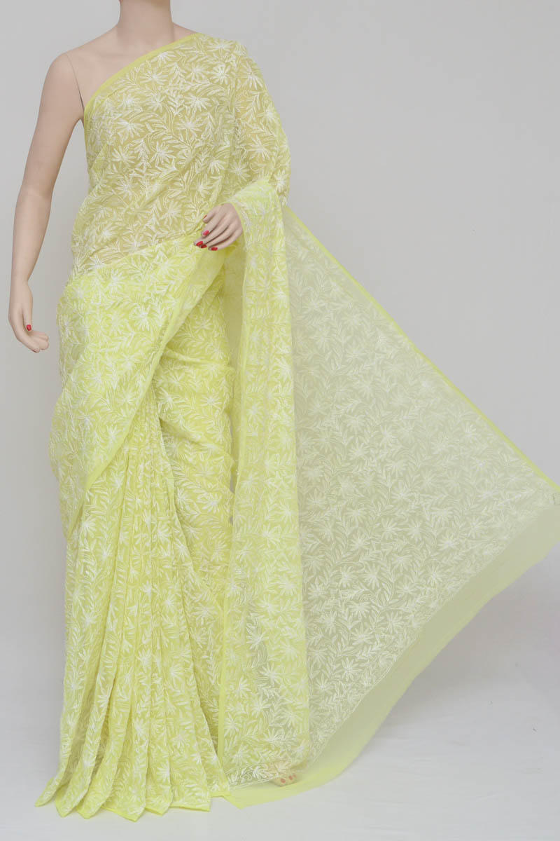 Yellow Color Hand Embroidered Tepchi Work Lucknowi Chikankari Saree (With Blouse - Georgette) MY250749