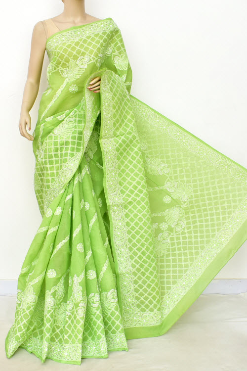 Green Hand Embroidered Lucknowi Chikankari Saree (With Blouse - Cotton) 14811