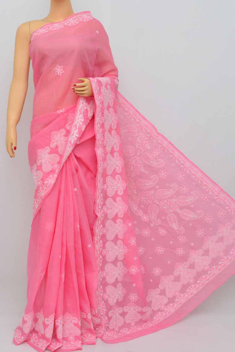 Pink Color Hand Embroidered Lucknowi Chikankari Saree (With Blouse - Cotton) SS250402