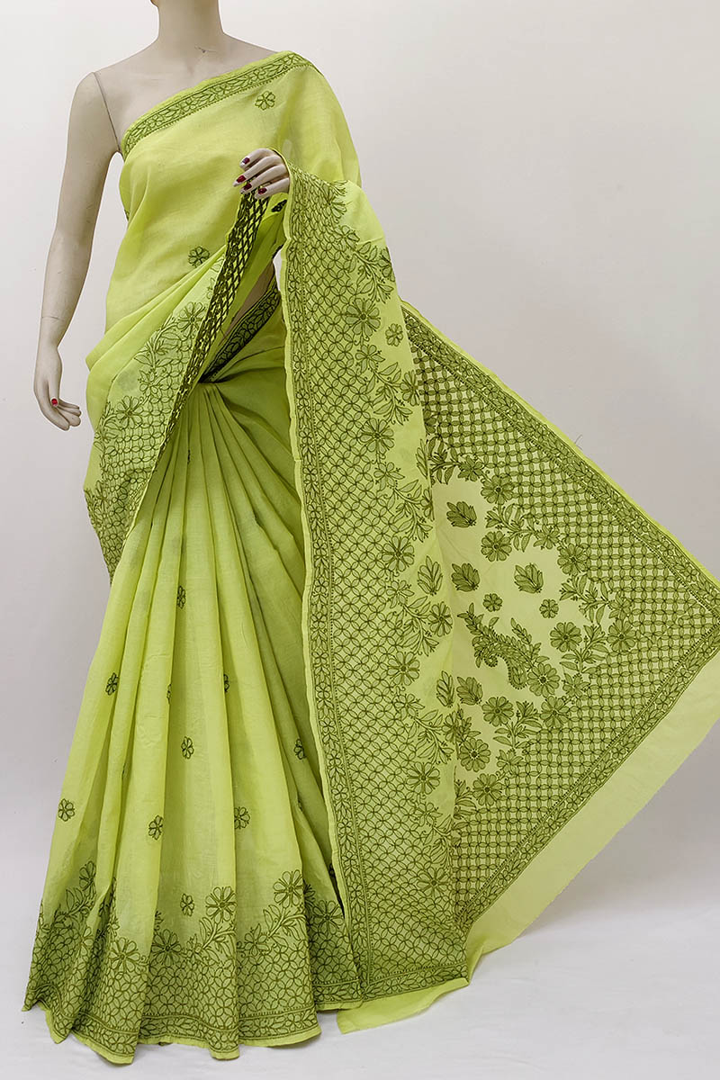 Mehendi Green Color Hand Embroidered Lucknowi Chikankari Saree (With Blouse - Cotton) MN252113