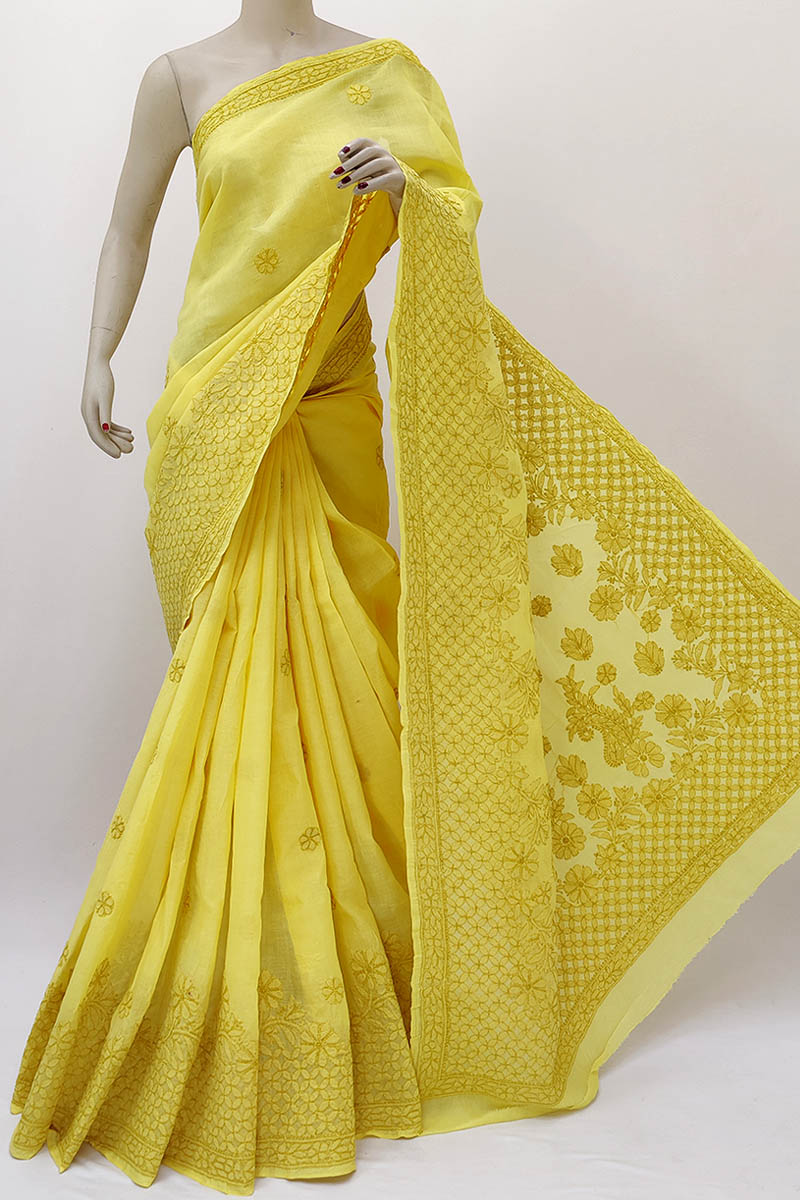 Yellow Color Designer Hand Embroidered Lucknowi Chikankari Saree (With Blouse - Cotton) MN252114