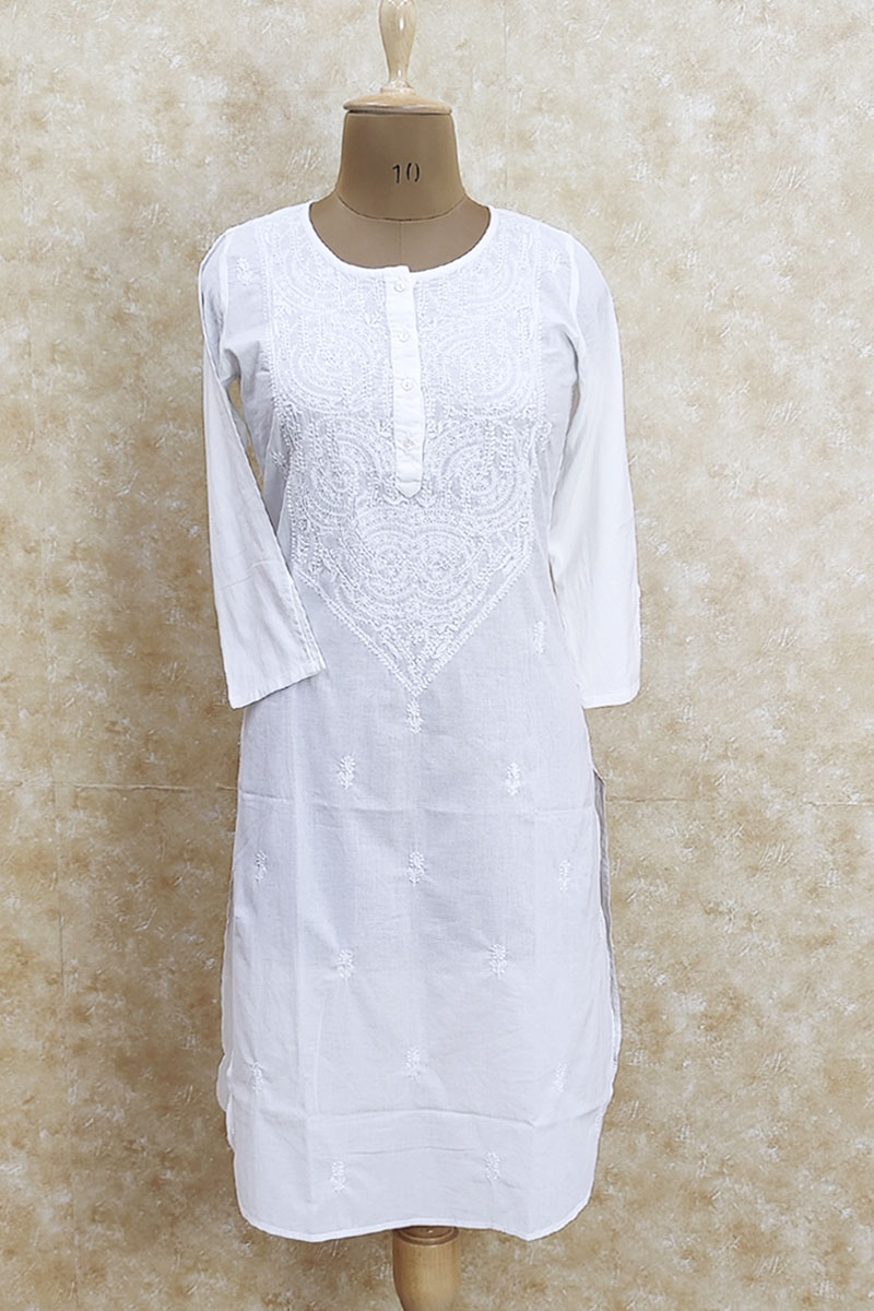 Ada Lucknowi Hand Embroidered Chikankari Straight White Cotton Top Tunic  Kurti for Women A911209 (XS) : Amazon.in: Fashion