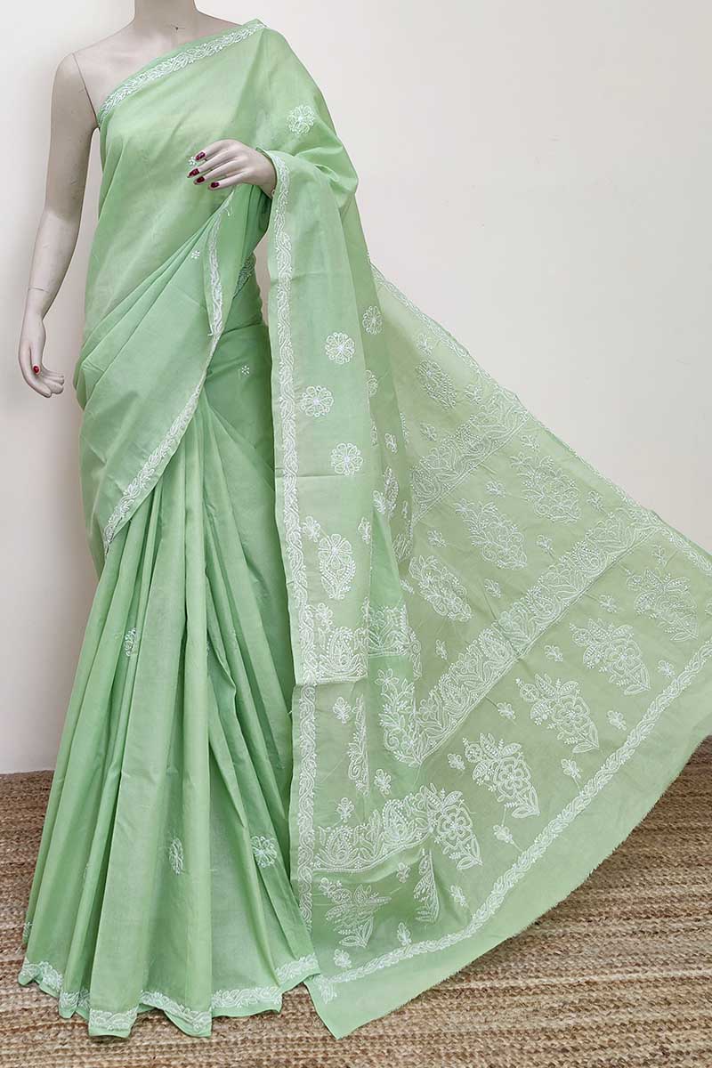 Green Color Hand Embroidered Cotton Lucknowi Chikankari Saree (with Blouse) MC252952