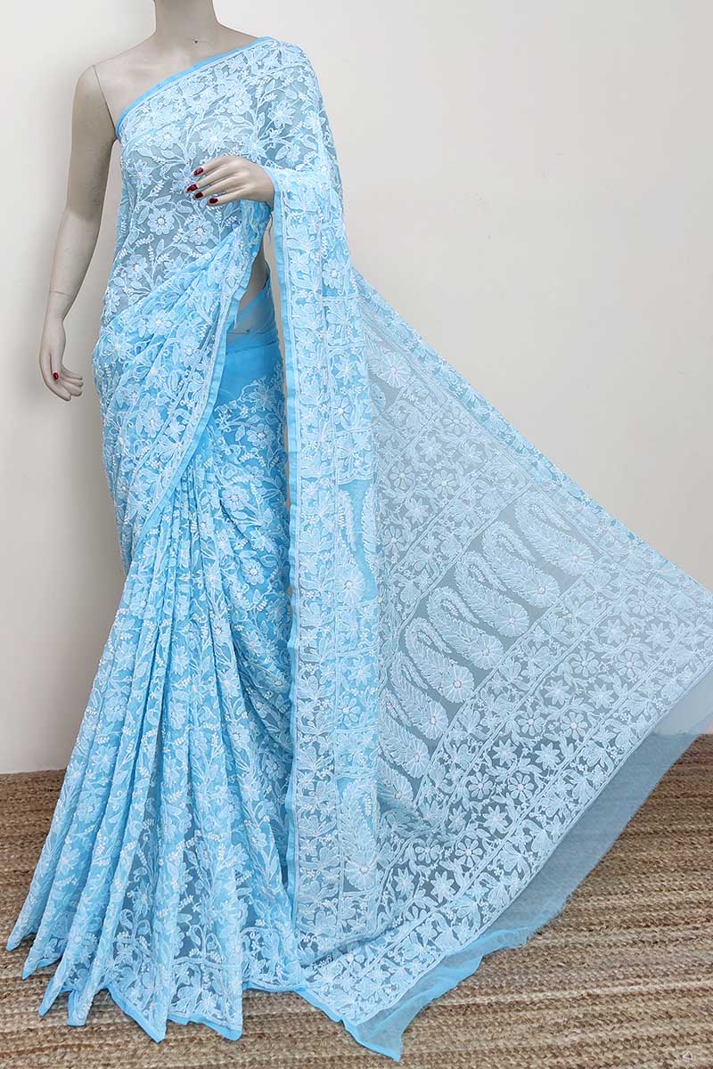 Blue Color Allover Hand Embroidered Lucknowi Chikankari Saree (With Blouse - Georgette) MC252953