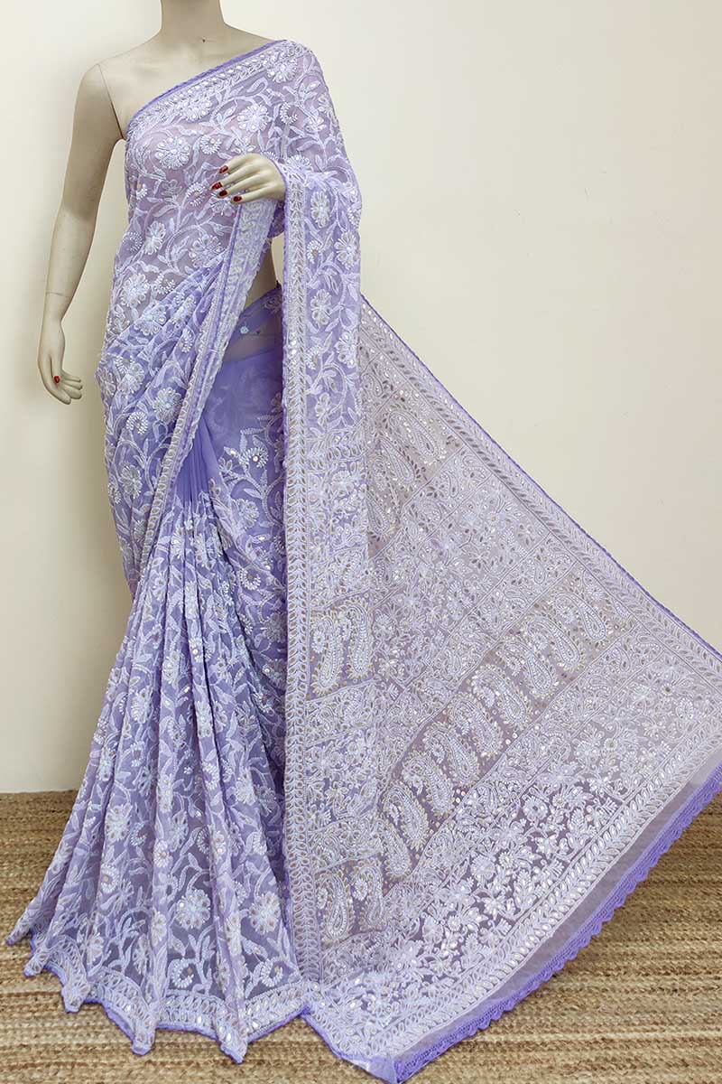 Lavender color allover Hand Embroidered Gotta Patti Work Lucknowi Chikankari Saree With Blouse (Georgette) MC252954