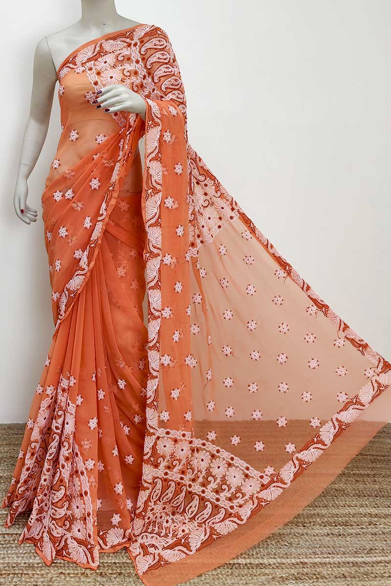 Orange color Designer Hand Embroidered Lucknowi Chikankari Saree (With Blouse - Georgette) MC252955