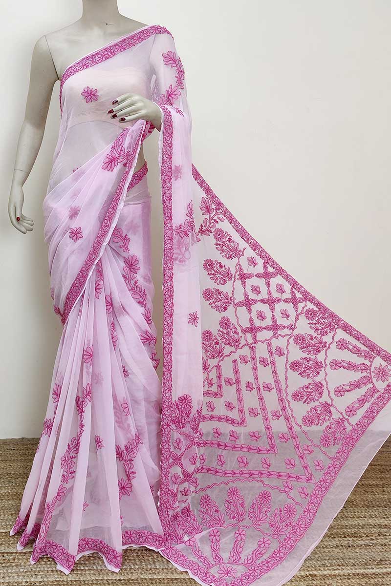 Pink color Designer Hand Embroidered Lucknowi Chikankari Saree (With Blouse - Georgette) MC252956