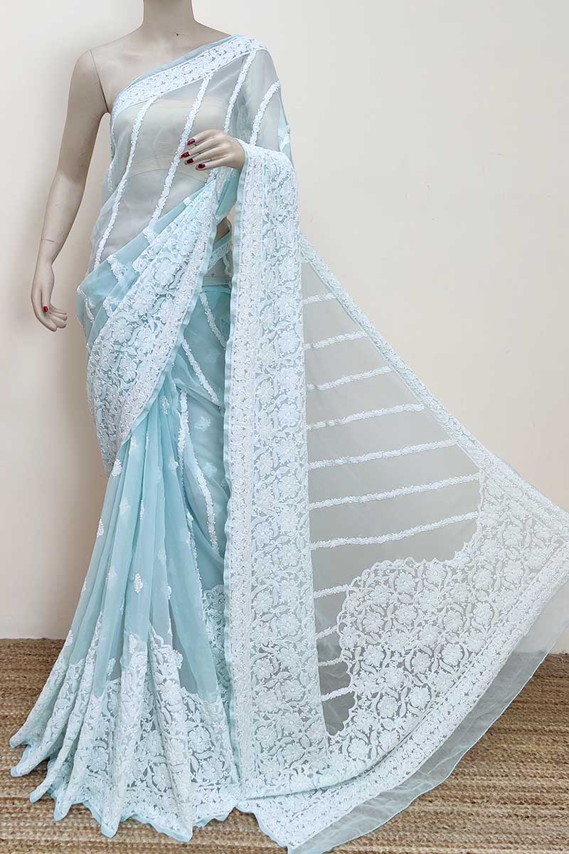 Pastel green color Designer Hand Embroidered Lucknowi Chikankari Saree (With Blouse - Georgette) MC252957