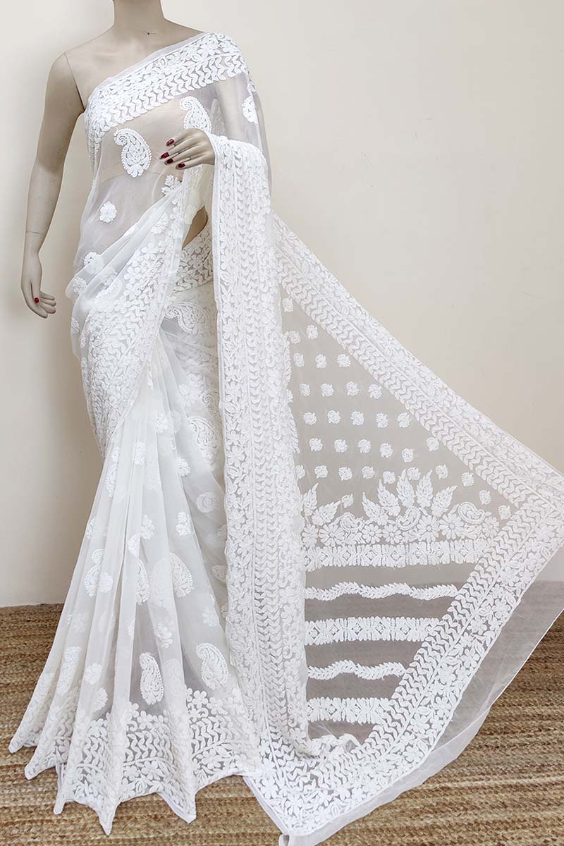 White color Designer Hand Embroidered Lucknowi Chikankari Saree (With Blouse - Georgette) MC252958