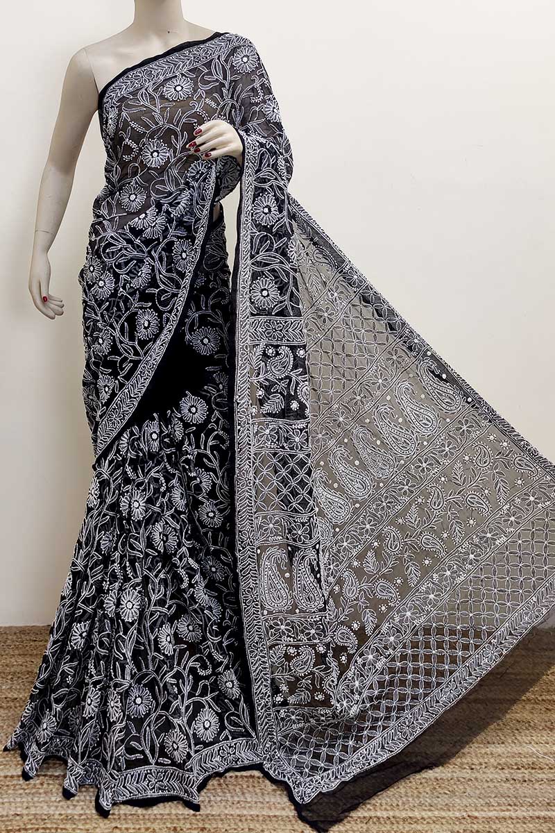 Black Color Allover Hand Embroidered Lucknowi Chikankari Saree (With Blouse - Georgette) MC252960