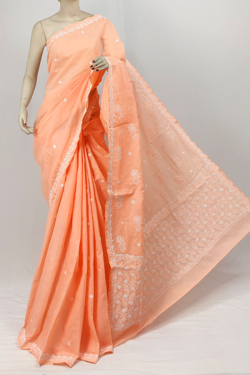 Orange Color Cotton Lucknowi Chikankari Saree With Blouse MC253307