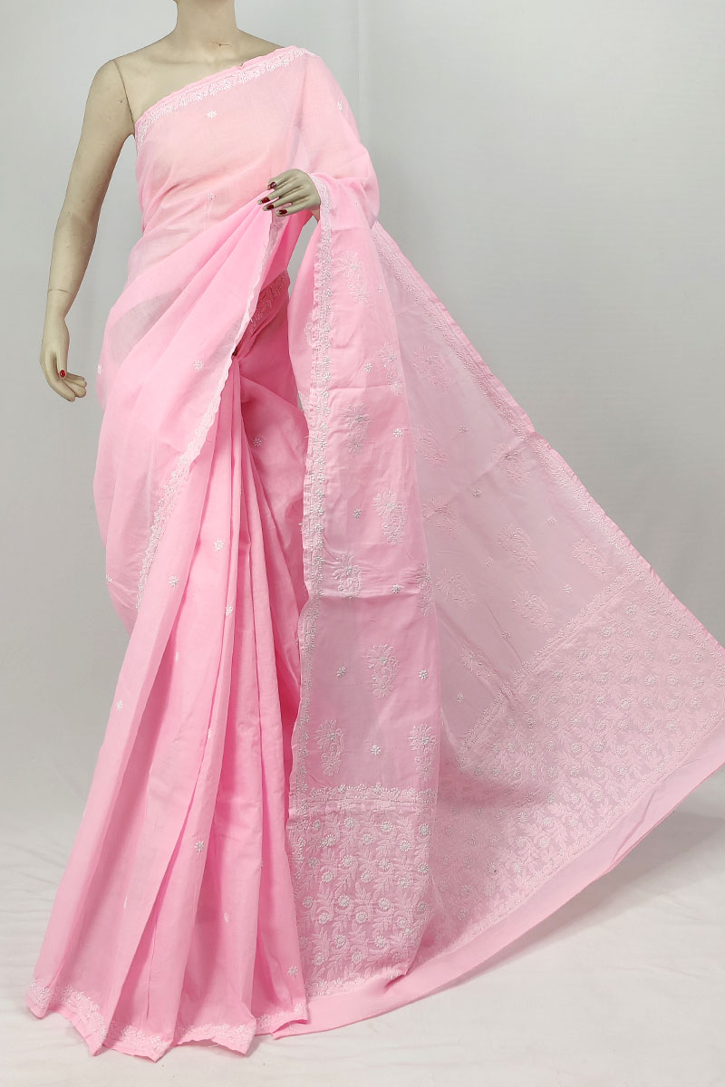 Pink Color Cotton Lucknowi Chikankari Saree With Blouse MC253308