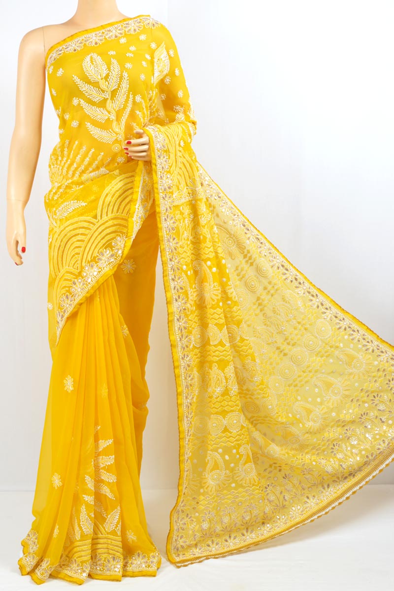 fcity.in - Nazmin Yellow Chiffon Saree With Stone Gota Patti Lace Work /  Myra