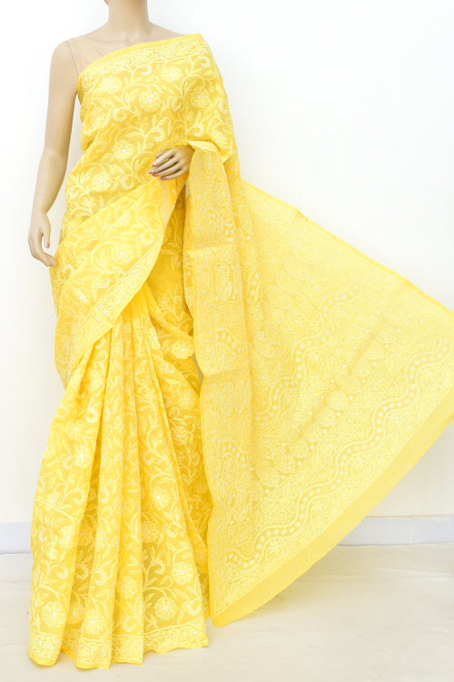 Yellow Allover Hand Embroidered Lucknowi Chikankari Saree (Cotton-With Blouse) 14744
