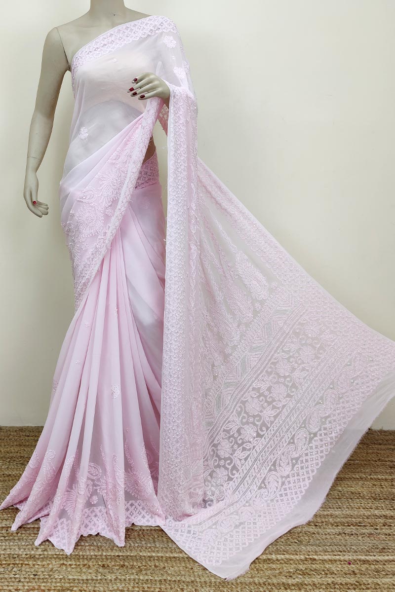 Baby Pink Color  Hand Embroidered Lucknowi Chikankari Saree (With Blouse - Viscose) MC252612