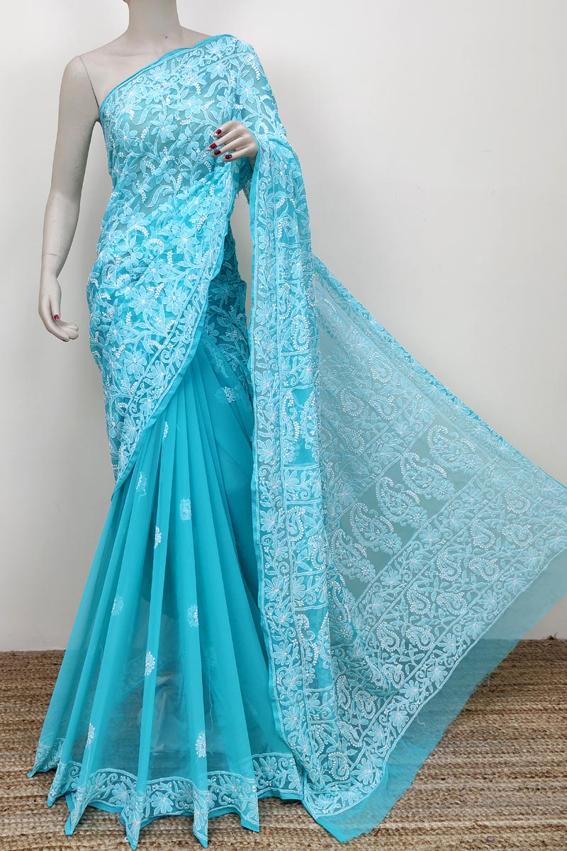 Turquoise Blue colour Georgette Lucknowi Chikankari (Saree with Blouse) MC252615