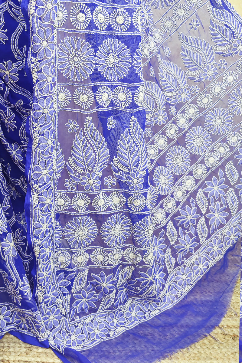 Buy Blue Colour Designer Hand Embroidered Lucknowi Chikankari Saree ( With  Blouse - Georgette ) MC251751