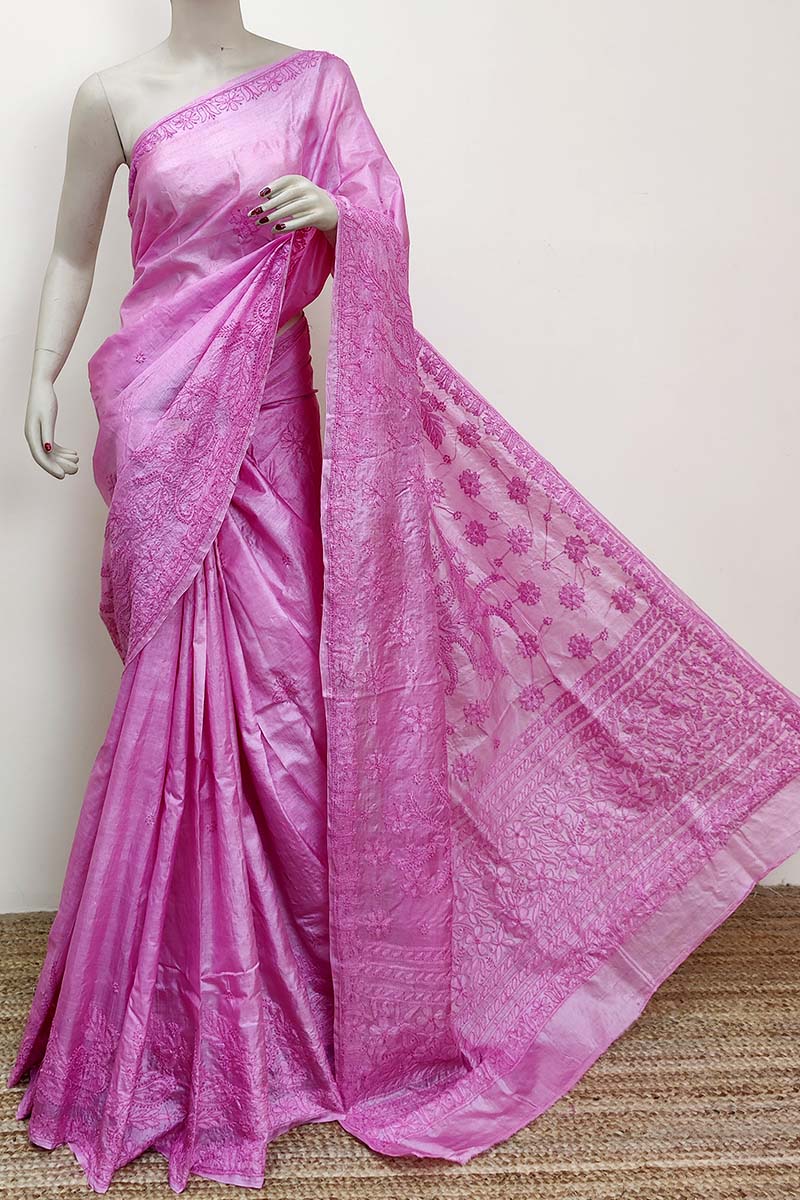 Pink Color Tussar Silk Lucknowi Chikankari Saree (With Blouse) MC252840