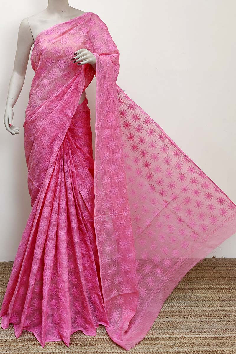 Pink color Kota cotton Hand Embroidered Tepchi Work Lucknowi Chikankari Saree (With Blouse - Cotton) MC252841