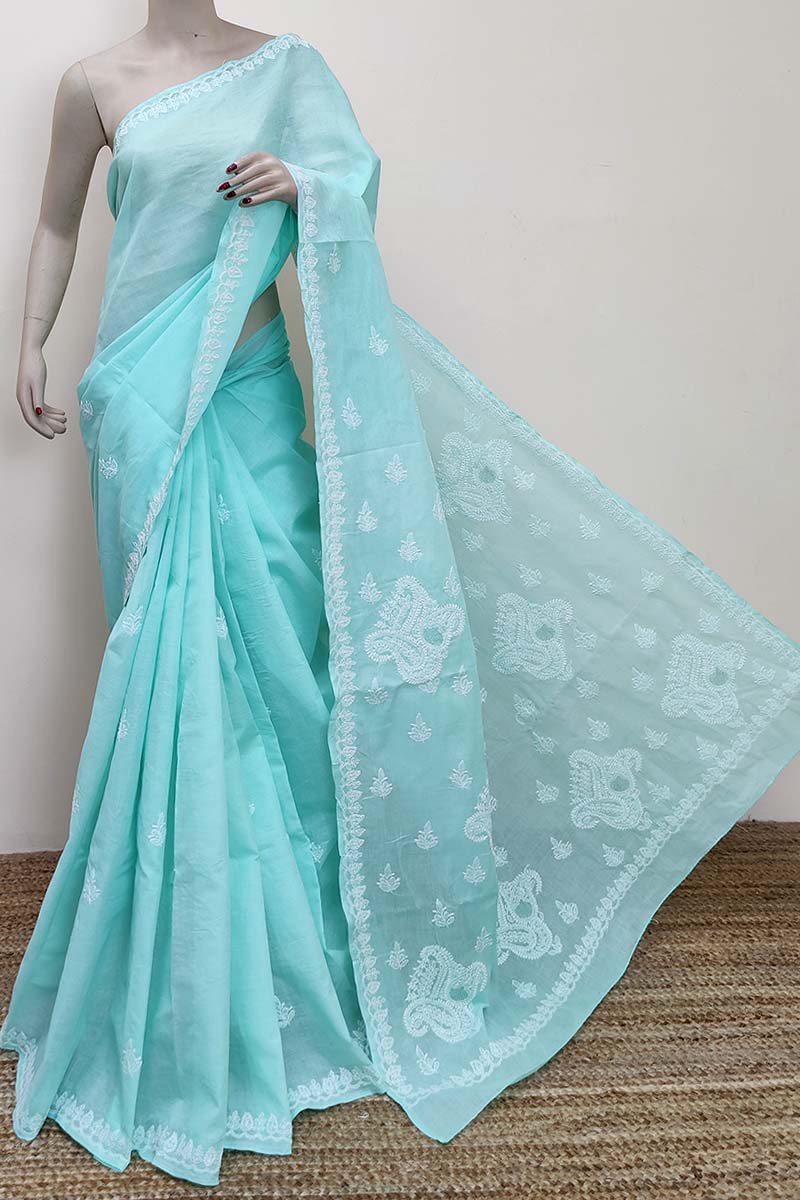 Sea Green Colour Cotton Lucknowi Chikankari Saree (with Blouse) Mc252842