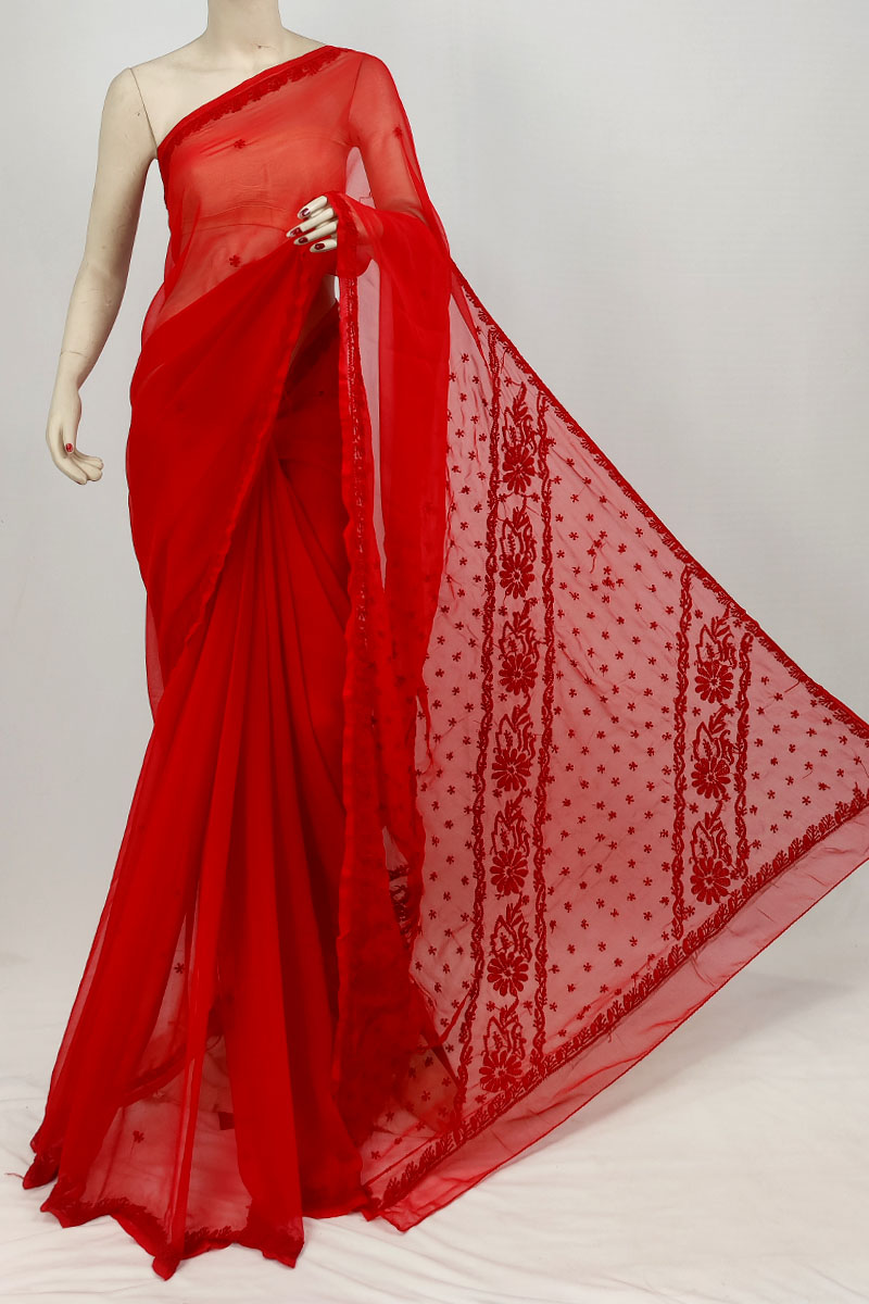 Red Color Georgette Designer Lucknowi Chikankari Saree With Blouse MC253309
