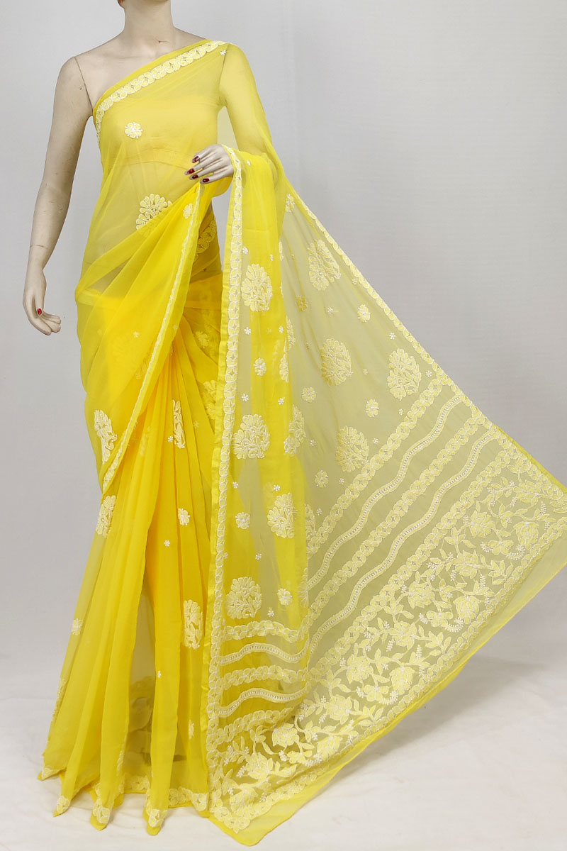 Yellow Color Georgette Designer Lucknowi Chikankari Saree With Blouse MC253313