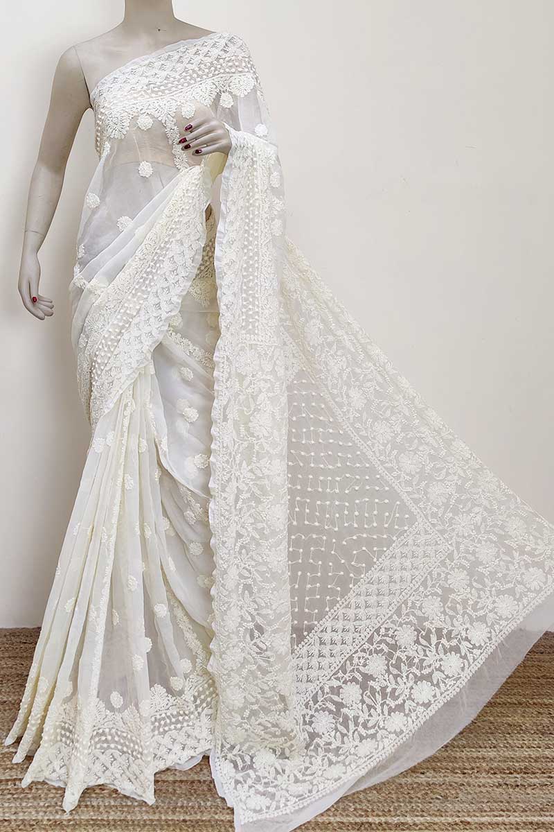 Fawn color Designer Hand Embroidered Lucknowi Chikankari Saree (With Blouse - Georgette) MC252962